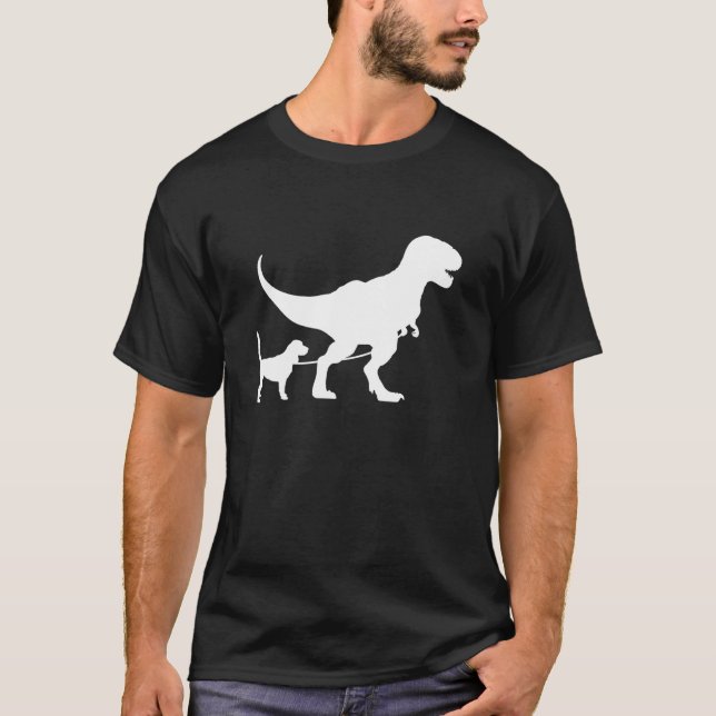 T-Rex Walking a Dog Funny Beagle Dad Dog Lovers T-Shirt (Front)