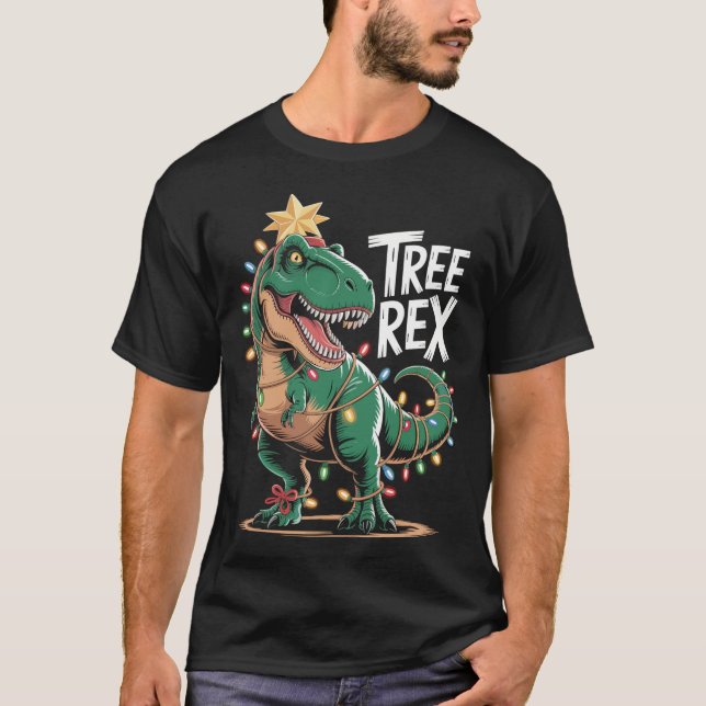 T-Rex Xmas Shirt – Dinosaurier mit Lichterkette (Front)