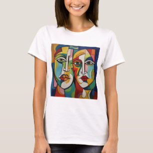 T-shirt abstract design, cubism, colourful faces