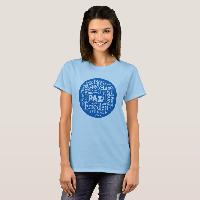 T shirt Blue Multi Language Peace design. (Front Full)