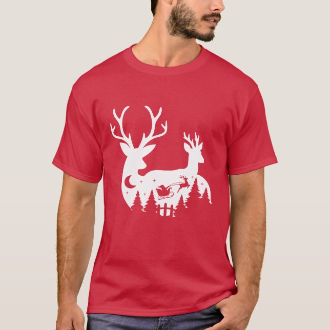T-Shirt : Christmas Reindeer and Santa (red) (Front)