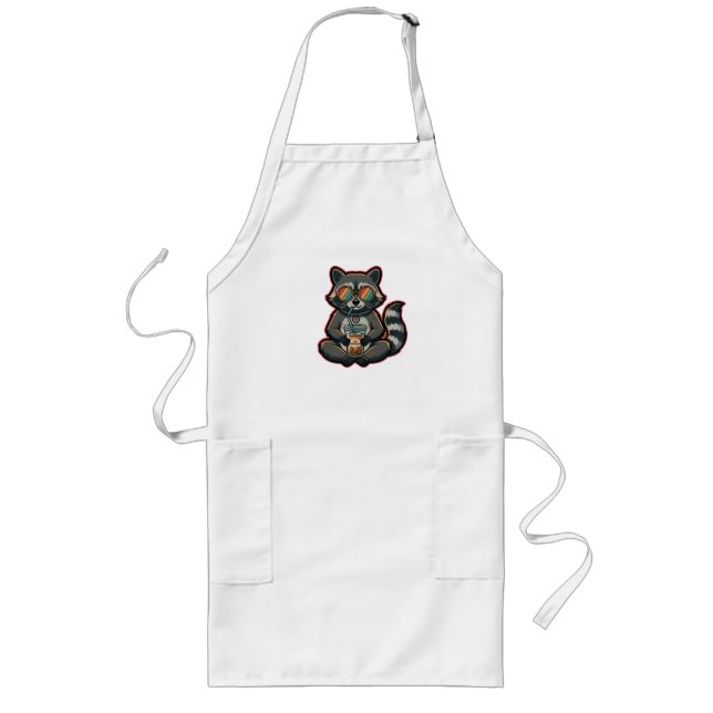 T-Shirt Cool Racoon Drinking Oat Milk Iced Coffee Long Apron (Front)
