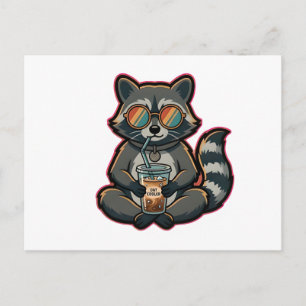T-Shirt Cool Racoon Drinking Oat Milk Iced Coffee Postcard