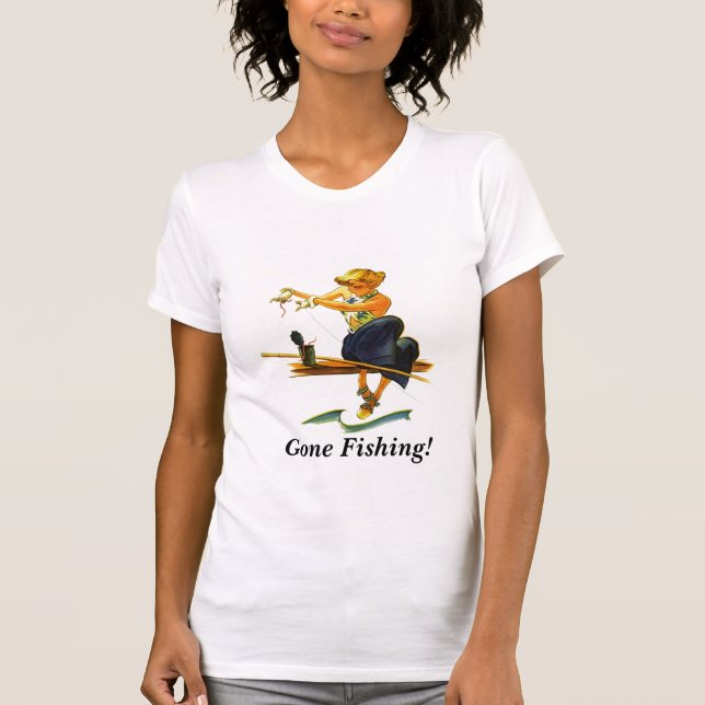 T-shirt Design Gone Fishing Lady Baiting Hook Fish (Front)