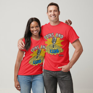  t-shirt design with the text "Coins and Comedy Cl