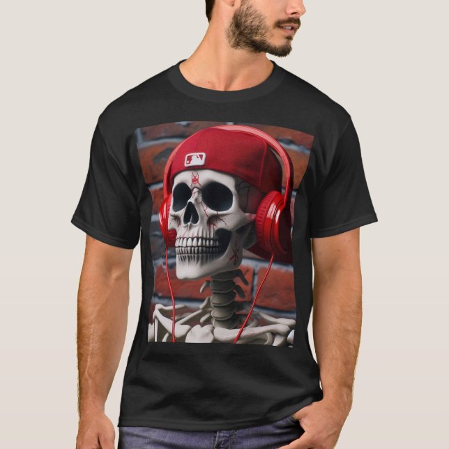 T SHIRT skeleton wearing an red baseball cap (Front)