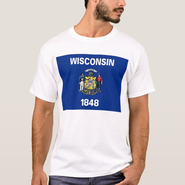 T Shirt with Flag of Wisconsin State USA (Front)