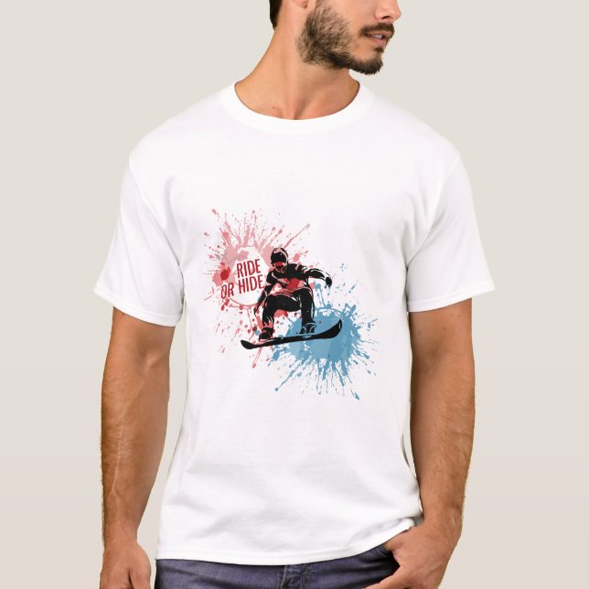 T-shirts featuring a man jumping on a snowboard. (Front)