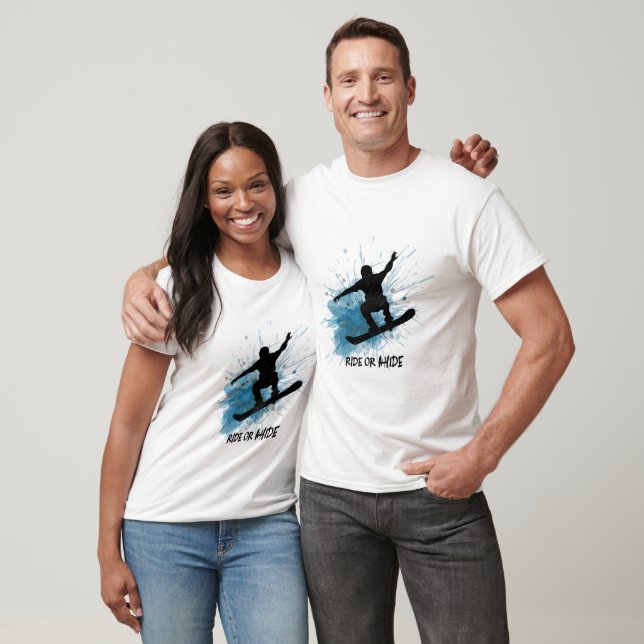 T-shirts featuring a man jumping on a snowboard. (Unisex)