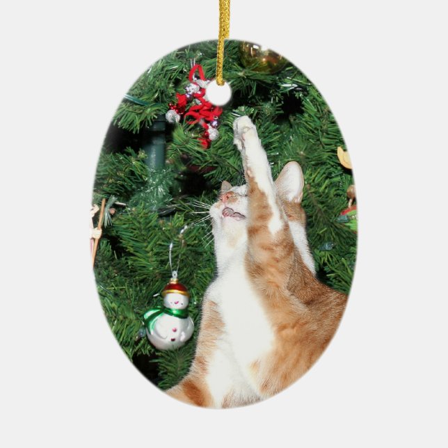 Tabby and Christmas tree Ceramic Tree Decoration (Front)