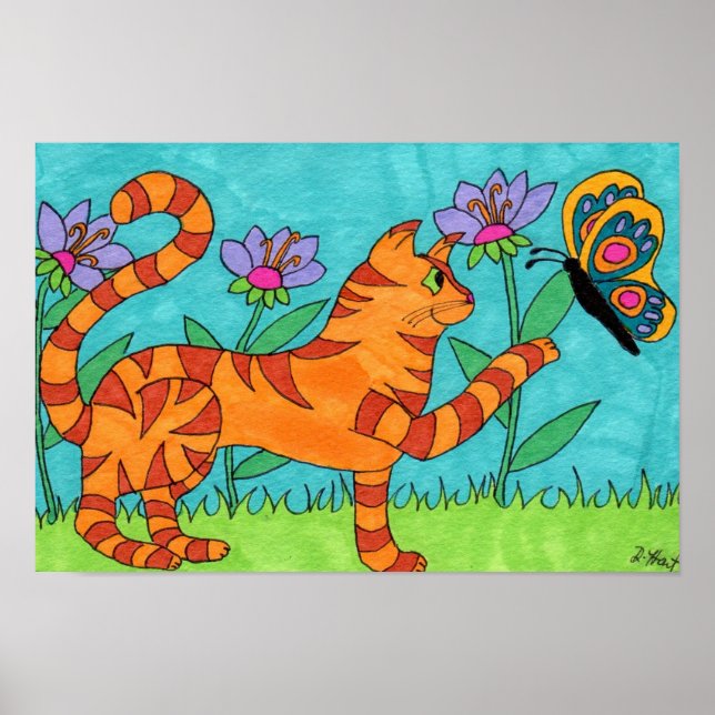 Tabby Cat and Butterfly Folk Art Poster (Front)
