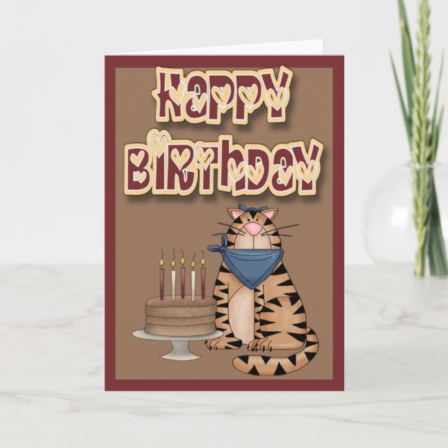Tabby Cat and Cake Happy Birthday Card (Front)