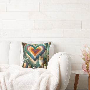 Tabby Cat and Heart Rustic Colourful Art Design Cushion