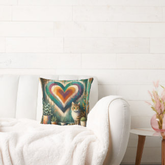 Tabby Cat and Heart Rustic Colourful Art Design Cushion
