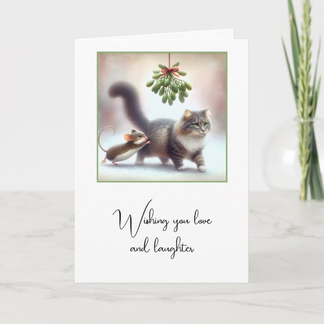 Tabby Cat and Mouse Under a Mistletoe Holiday Card (Front)