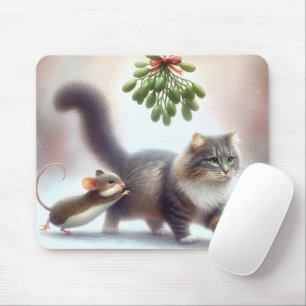 Tabby Cat and Mouse Under a Mistletoe Mat