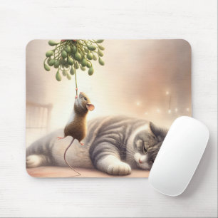 Tabby Cat and Mouse Under a Mistletoe Mat