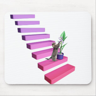 Tabby Cat and Plant On Stairs Mouse Mat