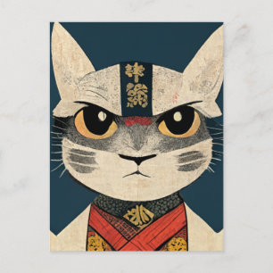 Tabby Cat as Nobunaga Oga in Japanese Wood Wall A Postcard