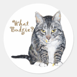 Tabby Cat Asks: What Budgie? Classic Round Sticker