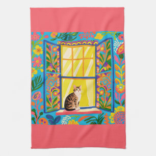 Tabby Cat at Sunny Window T Towel Colourful Flor