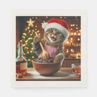 Tabby cat baking boozy christmas pudding napkin