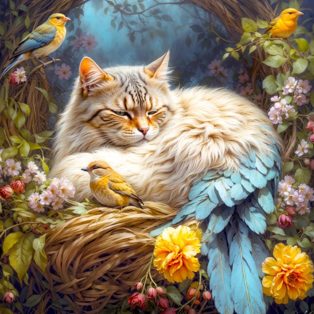 Tabby Cat-Bird Nesting With Three Birds Jigsaw Puzzle (Close- up of artwork)