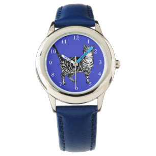 Tabby Cat Black White Cats Cute Navy Blue Girls Watch