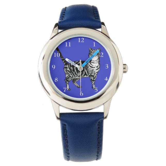 Tabby Cat Black White Cats Cute Navy Blue Girls  Watch (Front)