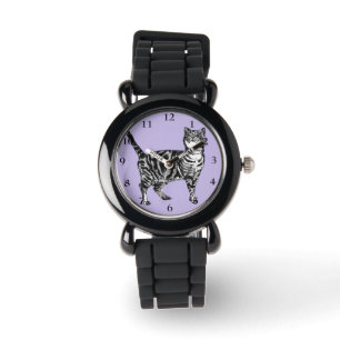 Tabby Cat Black White Cats Cute Purpl  Girls Watch