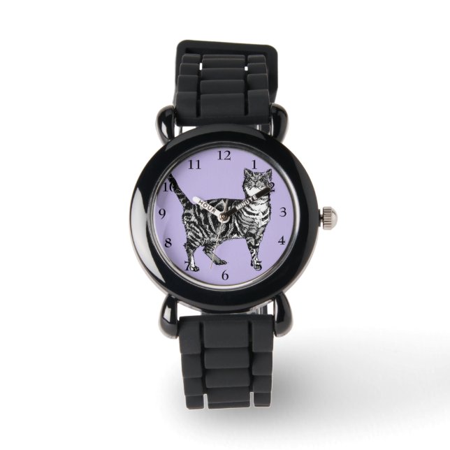 Tabby Cat Black White Cats Cute Purpl  Girls Watch (Front)