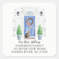 Tabby Cat Blue Door New Address Label Sticker