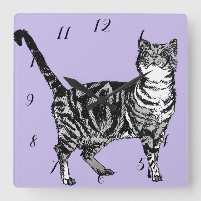 Tabby Cat Cats Animal Childs Kids pastel Purple Sq Square Wall Clock (Front)