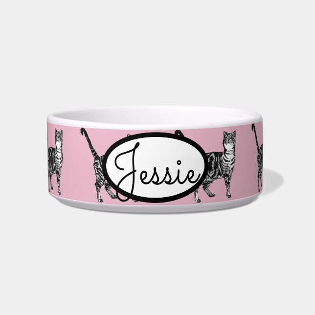 Tabby Cat Cats Animal Pastel Pink Cute Pet Name Bowl (Front)