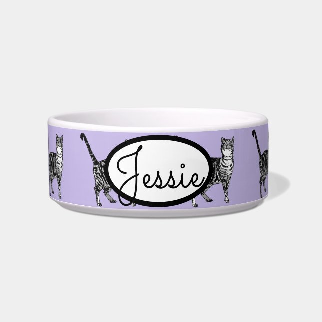Tabby Cat Cats Animal Pastel Purple Cute Pet Name Bowl (Front)