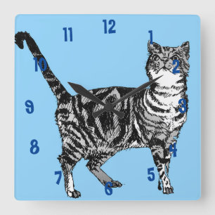 Tabby Cat Cats Art Animal Childs Light Blue Square Wall Clock