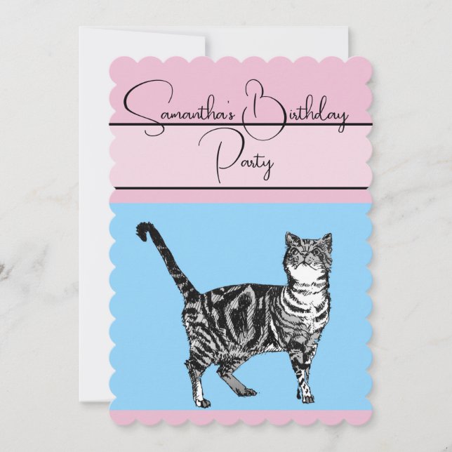 Tabby Cat Cats Pink blue Birthday Party Invitation (Front)
