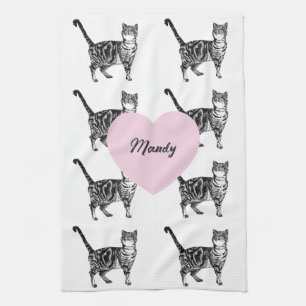 Tabby Cat Cats Tea Towel Womans Name Pink Heart