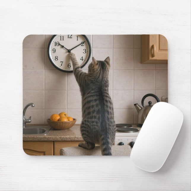 Tabby Cat Changing the Time On a Kitchen Clock Mouse Mat (With Mouse)