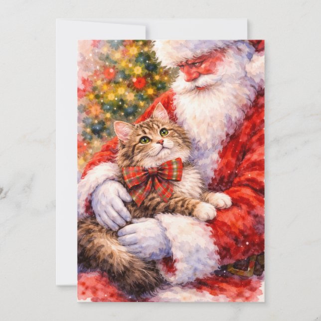 Tabby Cat Christmas Card with Santa (Front)