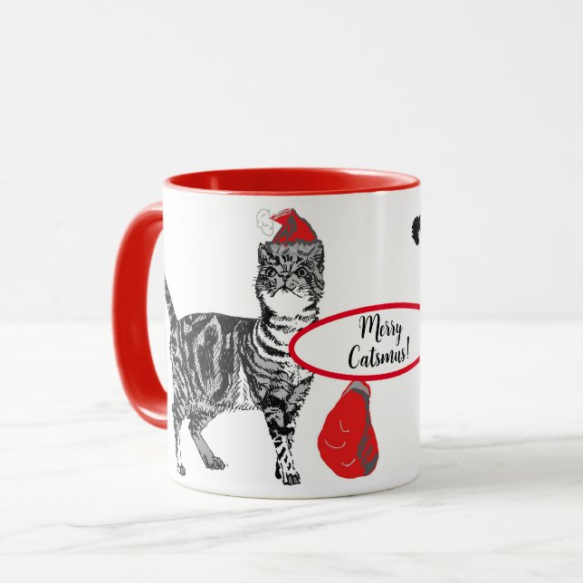 Tabby Cat Christmas Cats Red White Funny Mug (Front Left)