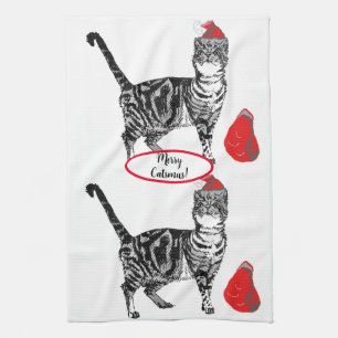 Tabby Cat Christmas Cool Cat Red White Tea Towel