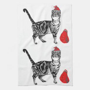 Tabby Cat Christmas Cool Cat Red White Tea Towel