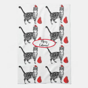 Tabby Cat Christmas Cool Cat Red White Tea Towel