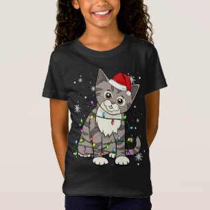 Tabby Cat Christmas Lights Christmas Cat Santa hat T-Shirt