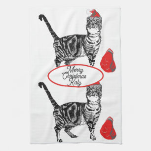 Tabby Cat Christmas Santa Hat Cats Red White Tea Towel