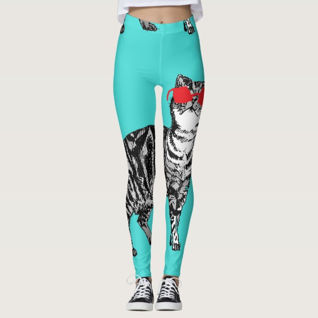 Tabby Cat Cool Animal Black and Aqua Leggings (Front)