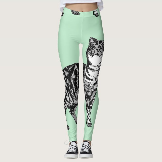 Tabby Cat Cool Animal Black & Mint Green Leggings (Front)