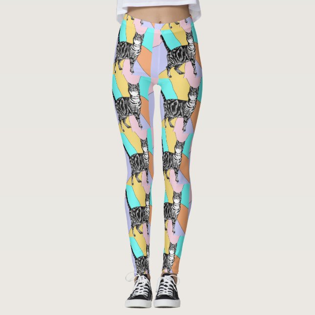 Tabby Cat Cool Animal Pastel Harelquin Leggings (Front)
