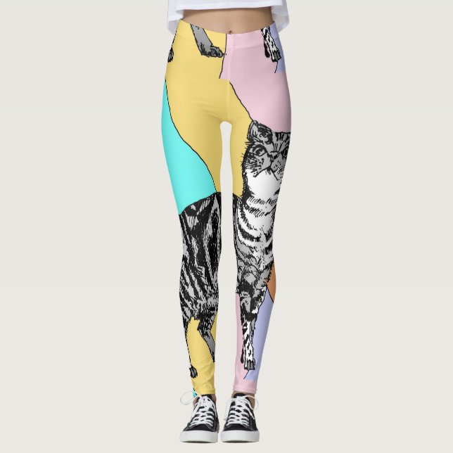 Tabby Cat Cool Animal Pestel Harlequin Leggings (Front)